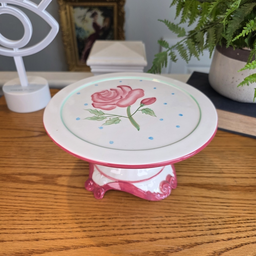 Vintage Rose Ceramic Candle Stand & Cupcake Pedestal - 8" Floral Shabby Chic